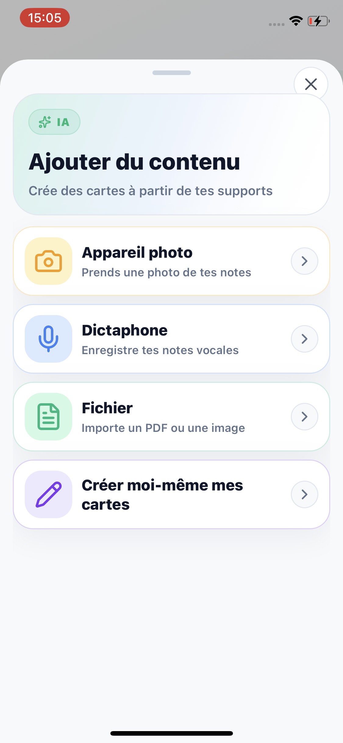 Ajout de contenu Solka depuis appareil photo, fichier ou création manuelle